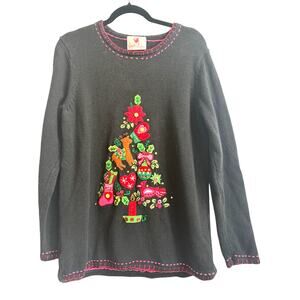 Quaker Factory Black Sweater with Embroidered Christmas Tree Novelty Detail